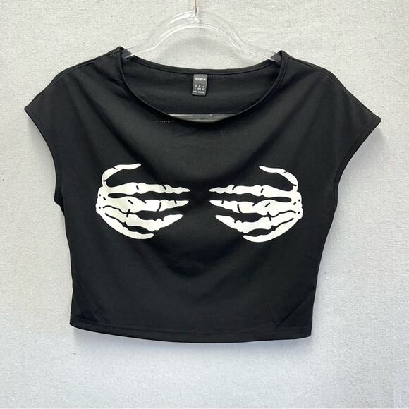 Shein skeleton hand print dolman short sleeve crop top size large Halloween Goth - Picture 1 of 12